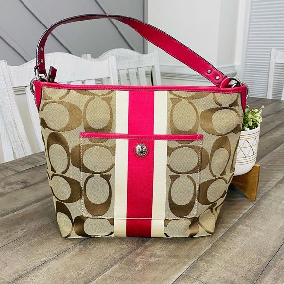 Coach Handbags - Coach Signatur Hamptons Weekend Khaki Pink Signature Stripe Tote Purse 10055